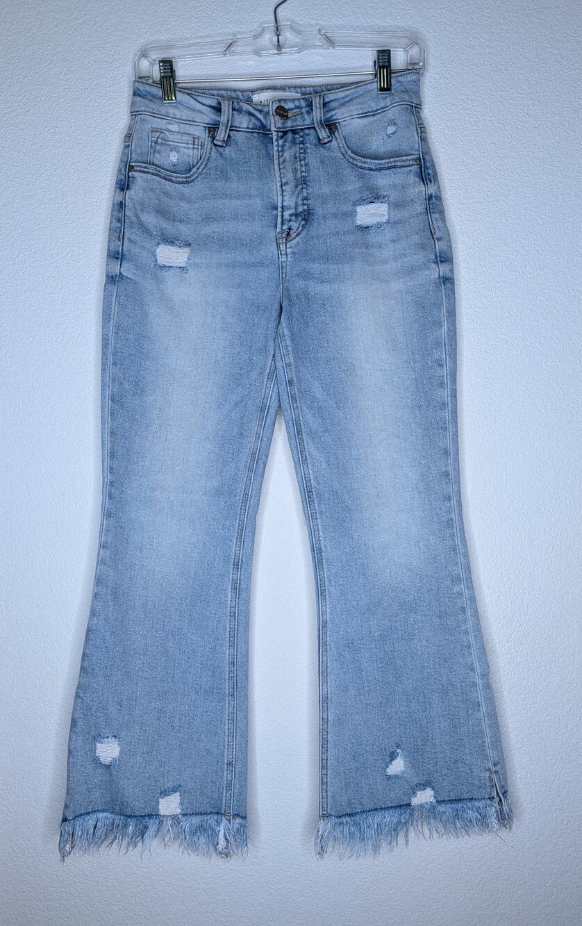 RISEN Women's Distressed Denim Jeans Raw Hem 26 Light Wash Flare Hippie Boho